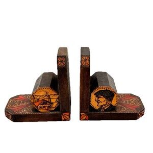 Vintage Carved and Painted Wood Bookends Book Ends People & Village House Scene